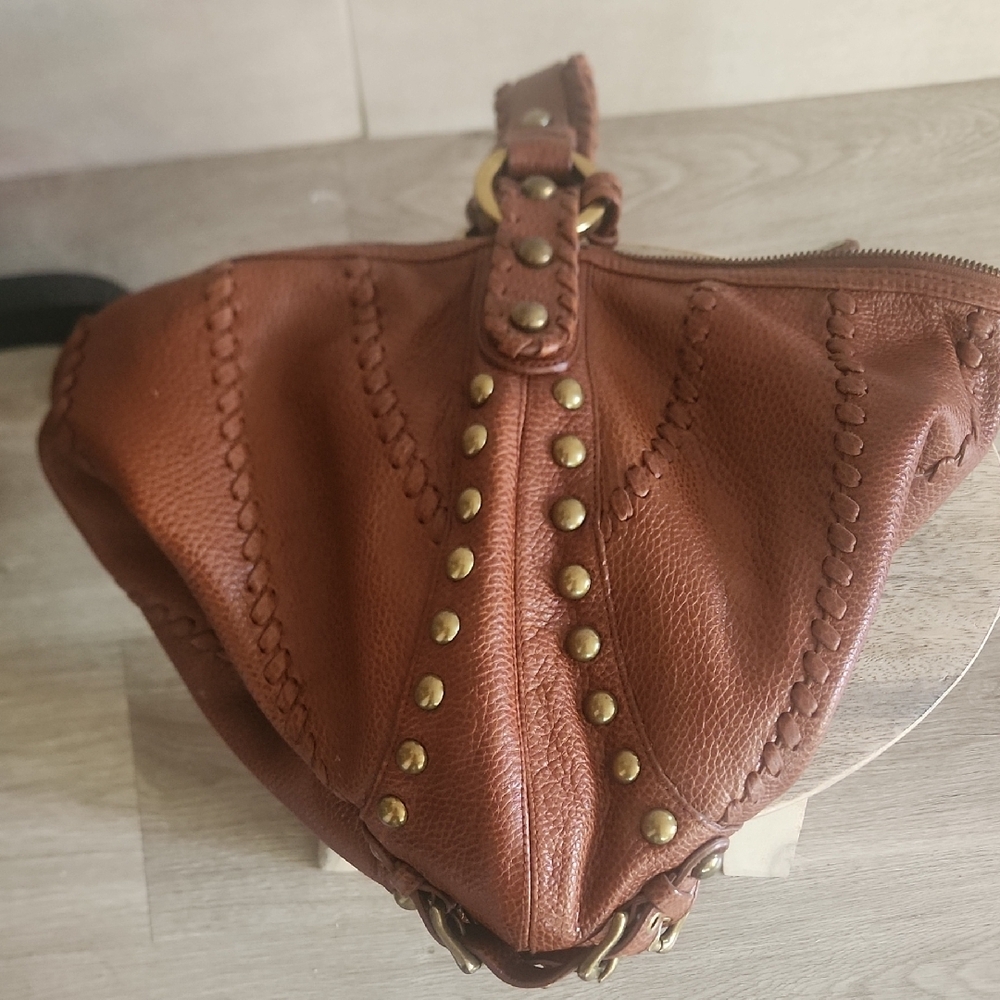 Isabella Fiore Tan Leather Hobo Bag with Gold Studs - Picture 4 of 8